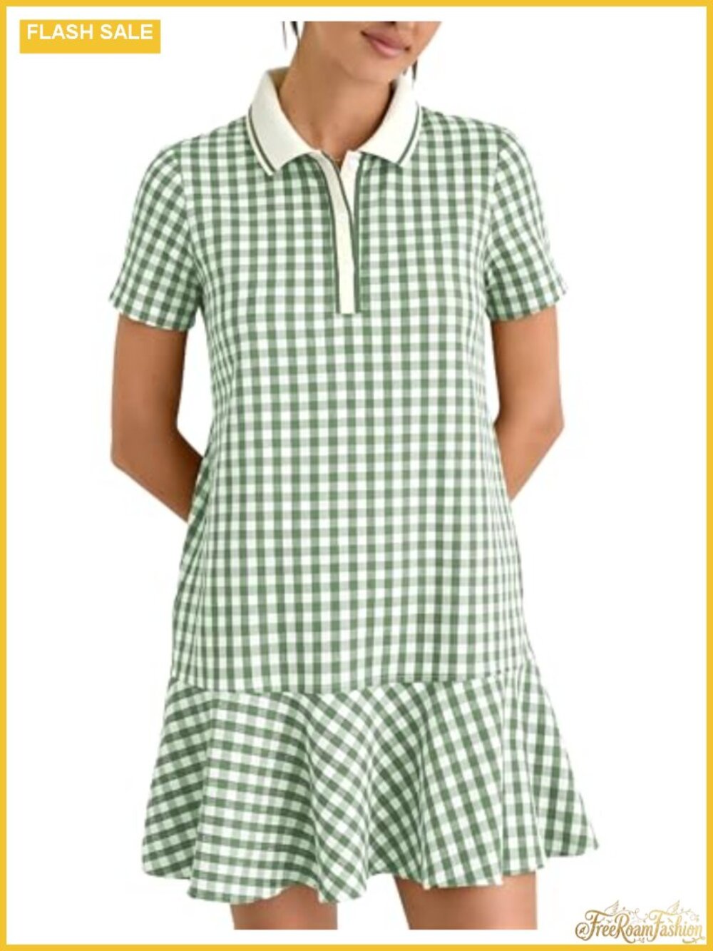 Women's Gingham Polo Dress Short Sleeve V Neck Ruffle Hem Mini Tennis Dress